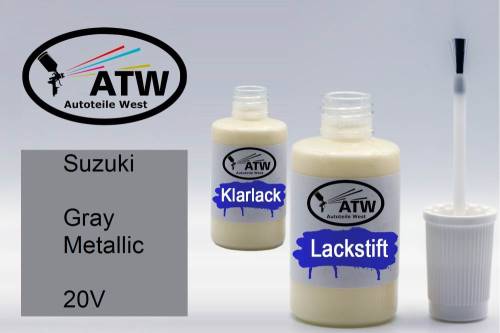 Suzuki, Gray Metallic, 20V: 20ml Lackstift + 20ml Klarlack - Set, von ATW Autoteile West.